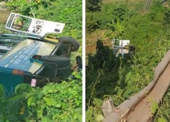 A/R: School bus falls into a ditch after somersaulting several times