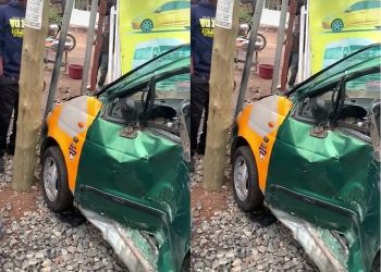 Driver escapes unhurt as train runs into taxi at Alajo