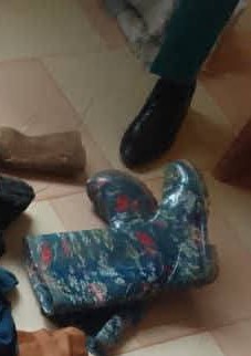A pair of camouflage Wellington boots, which matched the worn by one of the masked